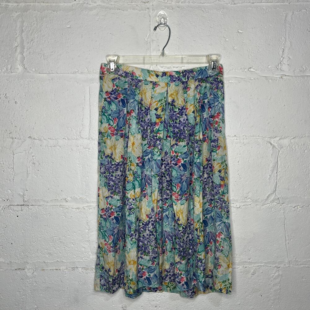 Vintage Leslie Fay Women's Silk A-Line Pastel Floral Skirt Zipper Button Size 14